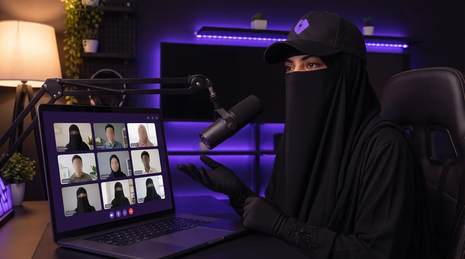 Saba Samir Shaikh teaching a live class from her studio, her laptop showing a grid of students.