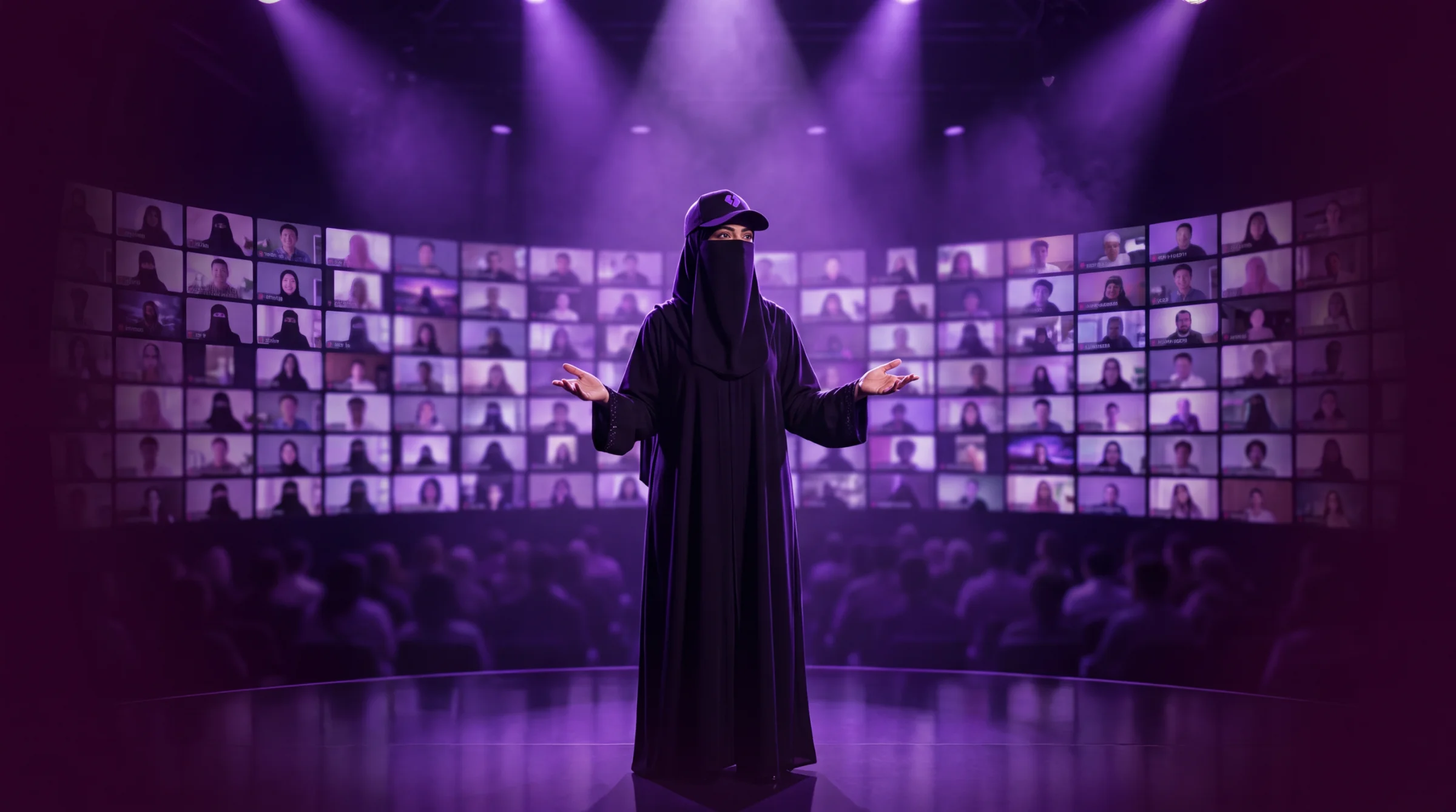 Saba Samir Shaikh on stage, arms open mid-sentence, in front of a wall of live student video tiles.