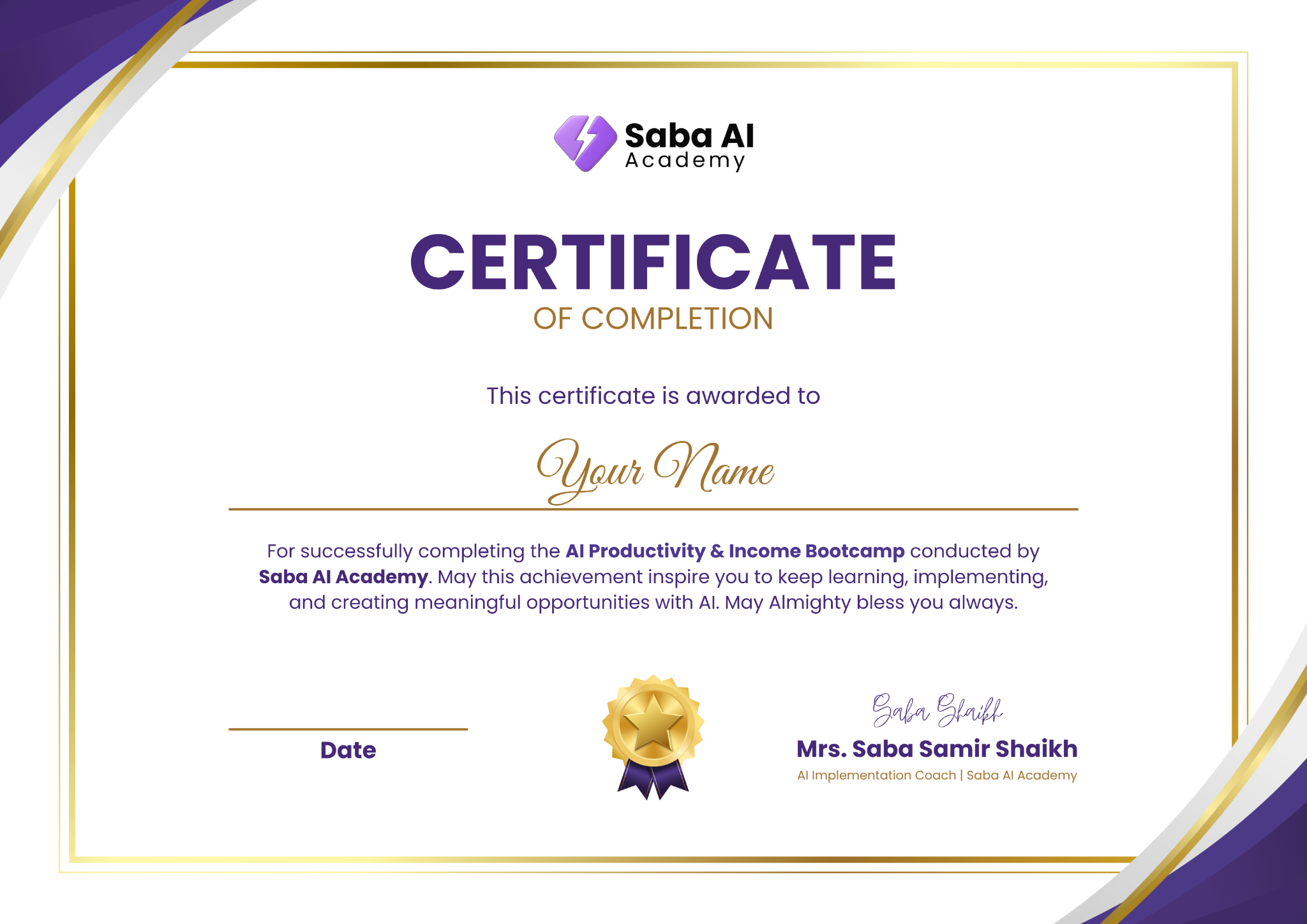 Saba AI Academy Certificate of Completion